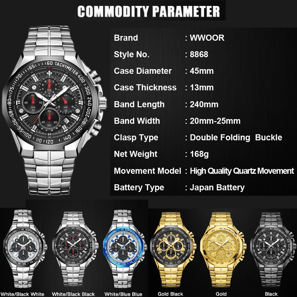 Sports Watches For Men Fashion Quartz Men Big Clock WWOOR Top Brand Luxury Military Full Steel Waterproof Chronograph Wristwatch - 6