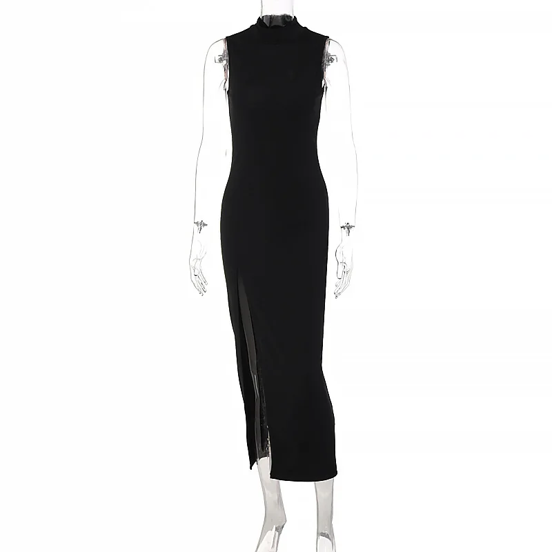 Y2k Fashion Basic White Turtleneck Slim Midi Dresses Women's Sexy Side Split Sleeveless Bodycon Vintage Elegant Robe 2024 Summer