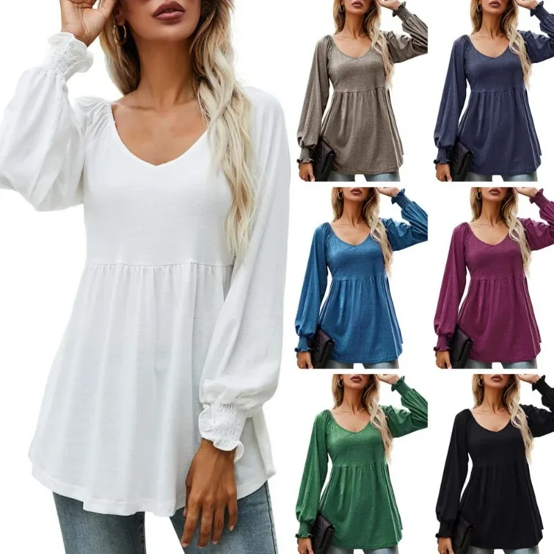 

Trendy Tunic Blouse V-neck Thin Comfy Lantern Long Sleeve Lady Tunic Blouse