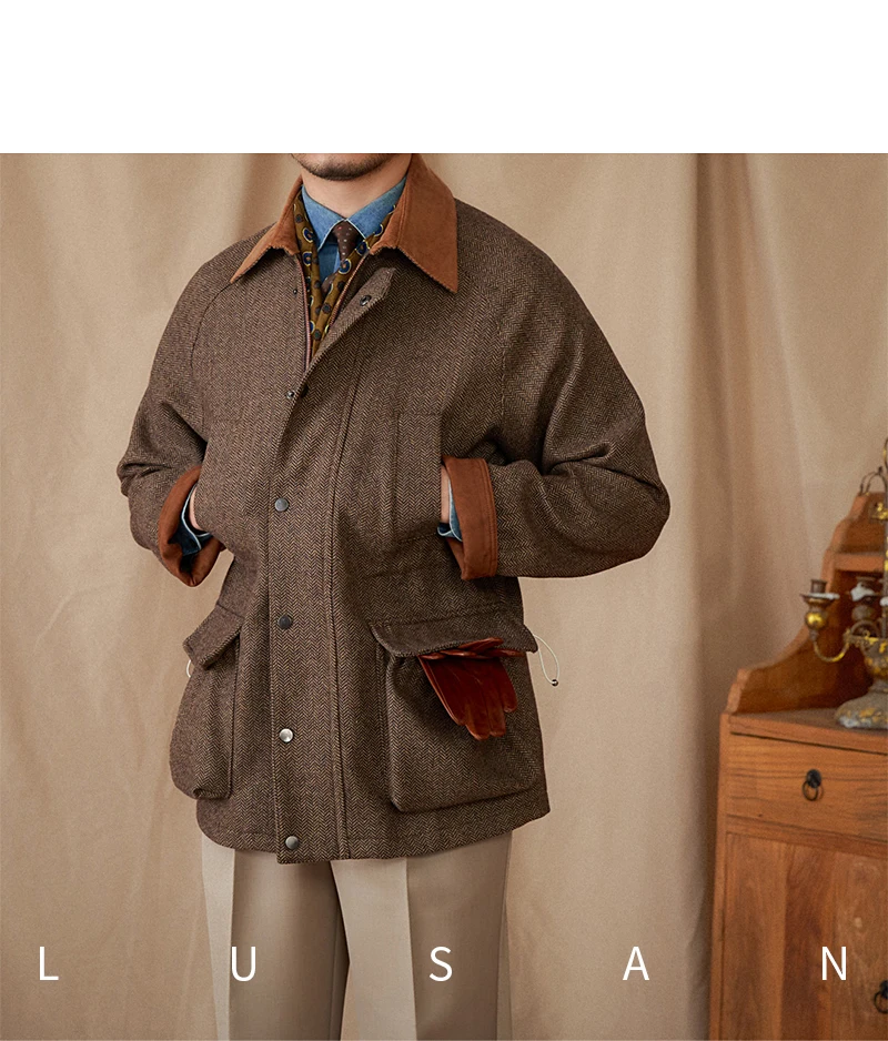 Italienische Herbst- und Winterjacke aus 50% Wolle, Jagdjacke, Alltagstaugliche Vielseitige Jacke mit Kontrastkragen, Warme Retro-Jacke für Herren – Detail 38