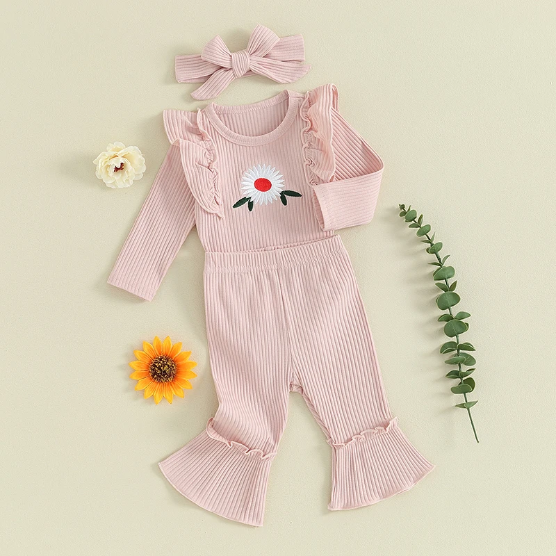 

Infant Baby Girl Clothes Ribbed Knitted Outfit Long Sleeve Romper Flare Long Pants Set 3Pc