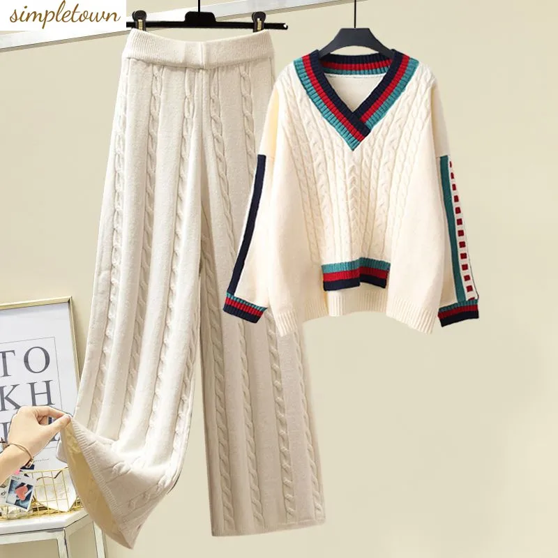 Autumn and Winter Set Women's 2023 New Large Women's Knitted Sweater Sweater Women's Style Slim Casual Pants Two Piece Set