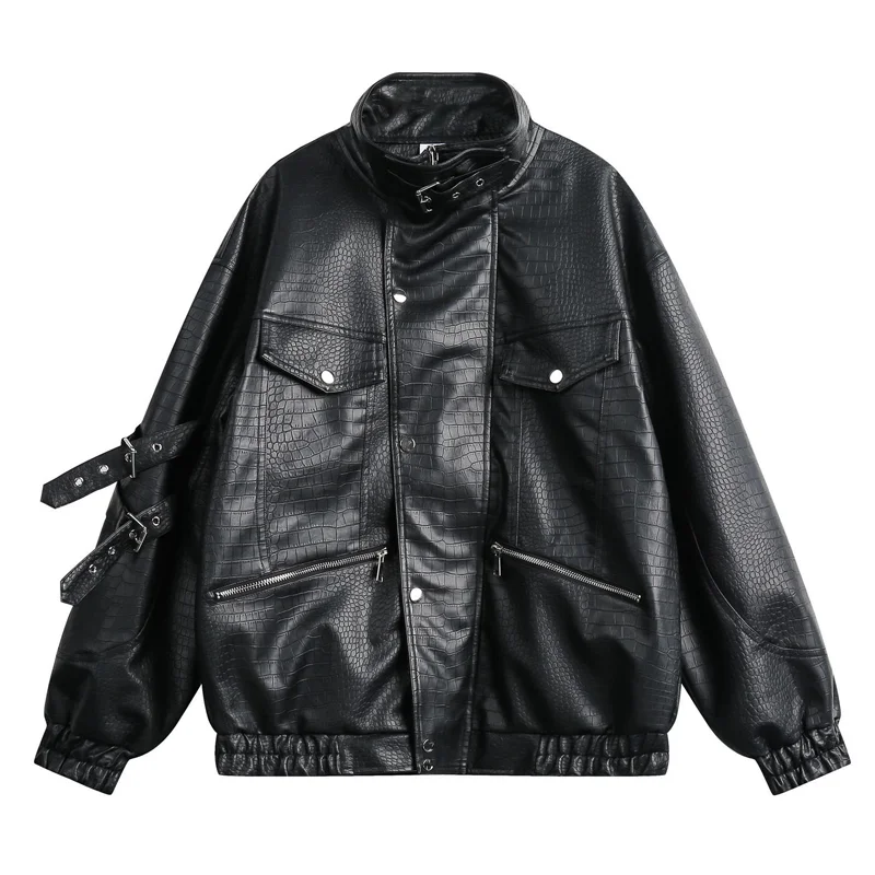 

2023 New PU Leather Crocodile Pattern Men's Coat Casual Fashion Loose Jacket Couple Clip Fashion Motorcycle Wear Streetwear Ropa