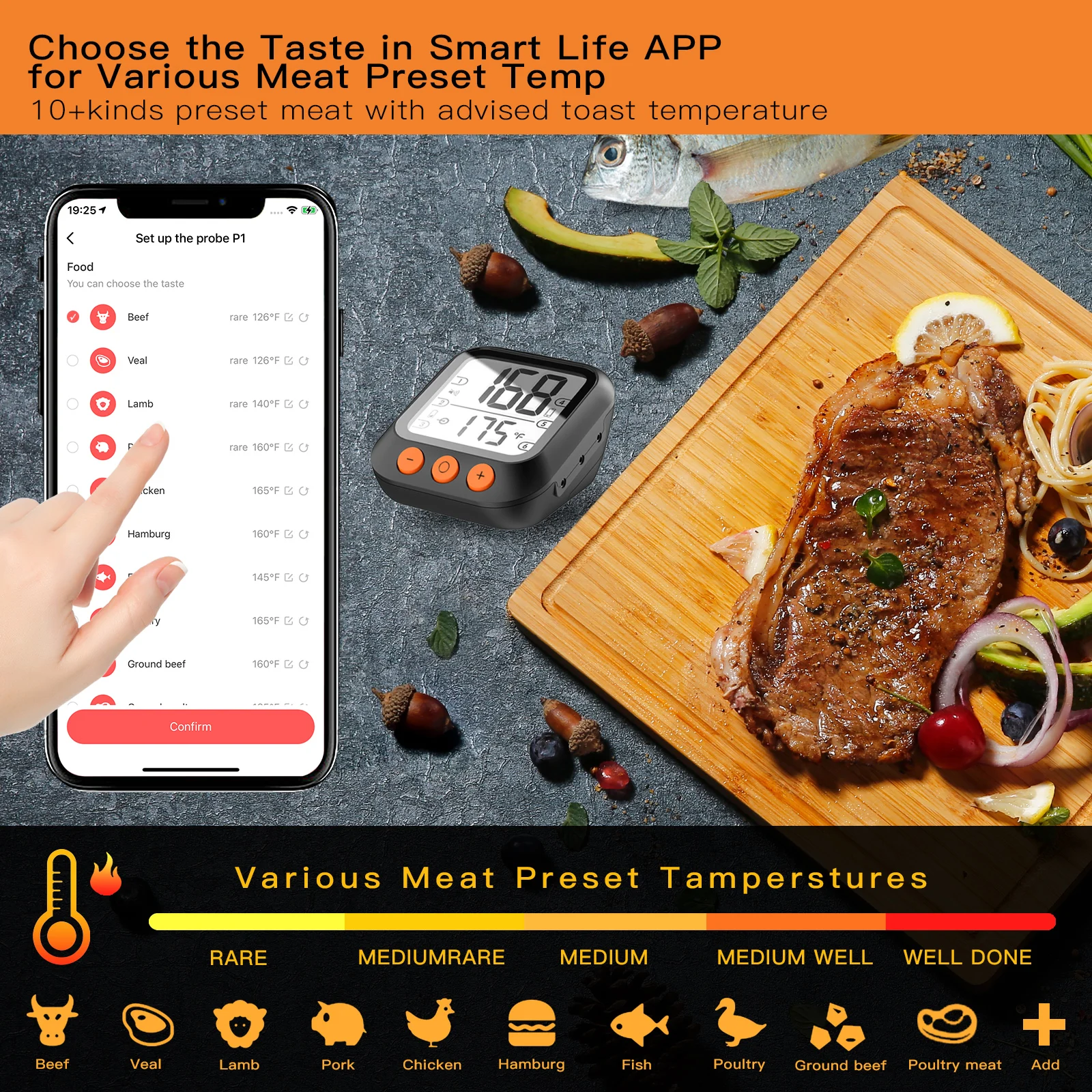 Moes Smart Thermometer Bluetooth BBQ Thermometer Food Grade Probe for BBQ,Oven,Baking  and Cooking,Timer and Tuya Alarm - AliExpress