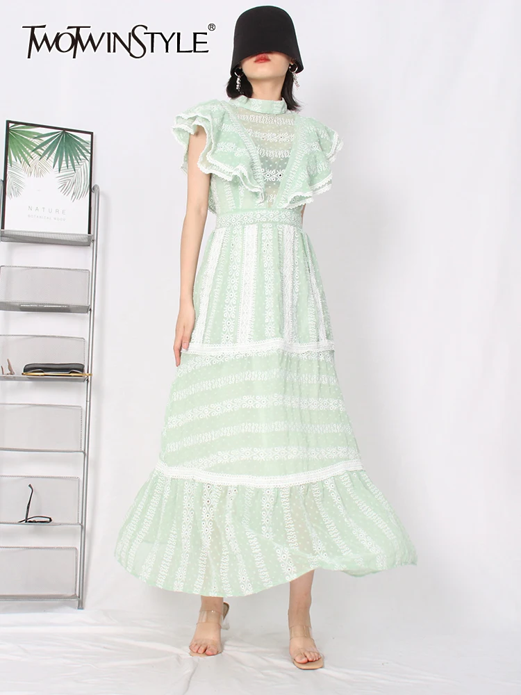 

TWOTWINSTYLE Lace Panel Midi Dress For Women Stand Collar Sleeveless High Waist Loose Colorblock Dresses Female Summer Clothing