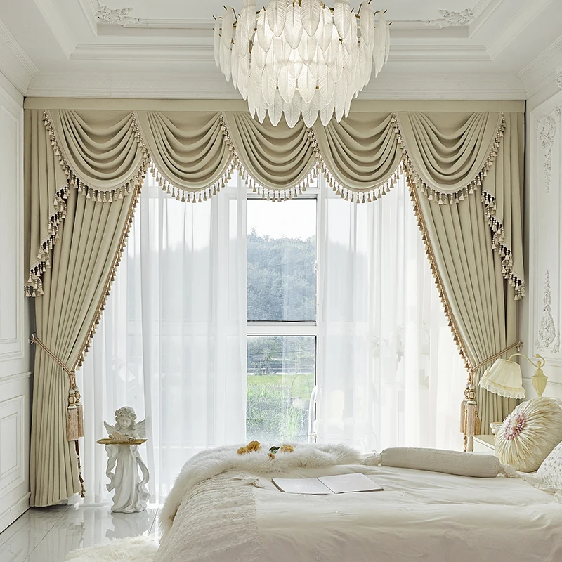 

Custom curtain French Chenille cream color bedroom luxury living room villa cloth blackout curtain tulle valance drape C1520