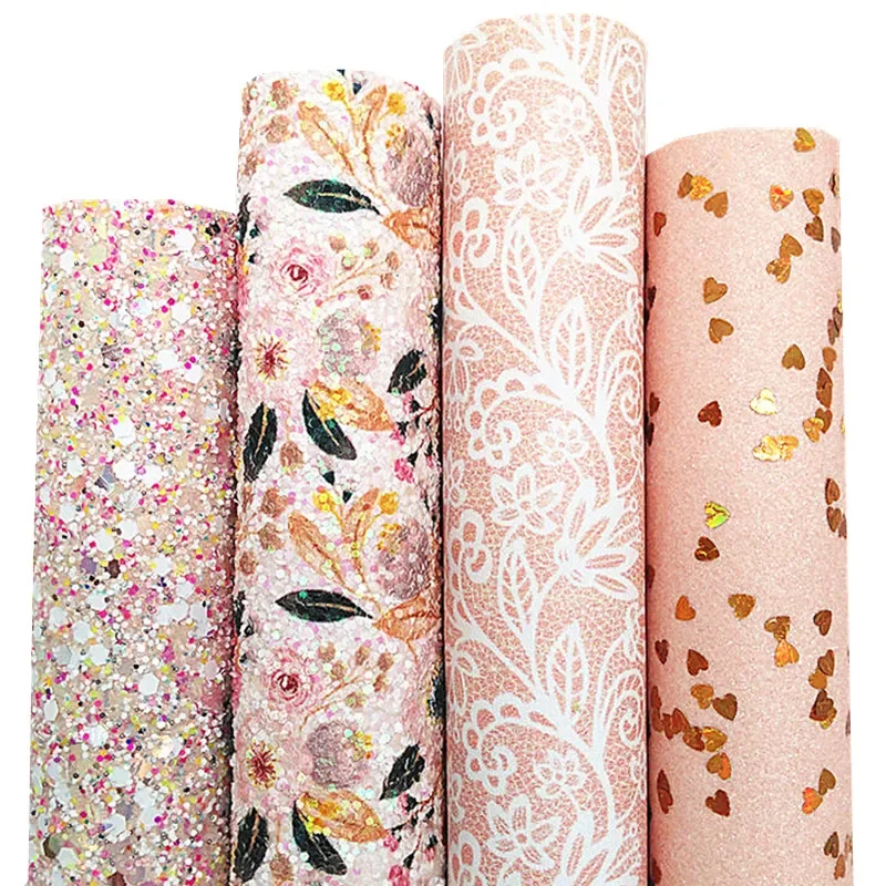 Cream Chunky Glitter Leather Flowers Stars Printed Synthetic Leather Vinyl Gold Hearts Glitter Sheets For Bows DIY 21x29CM Q632