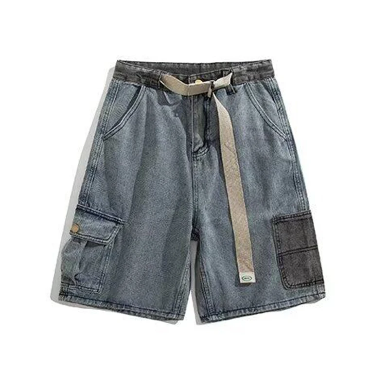PFHQ Belt Workwear Denim Men's Shorts Straight Leg Wide Leg Patchwork Korea Fashion Casual Male Trousers 21E3258