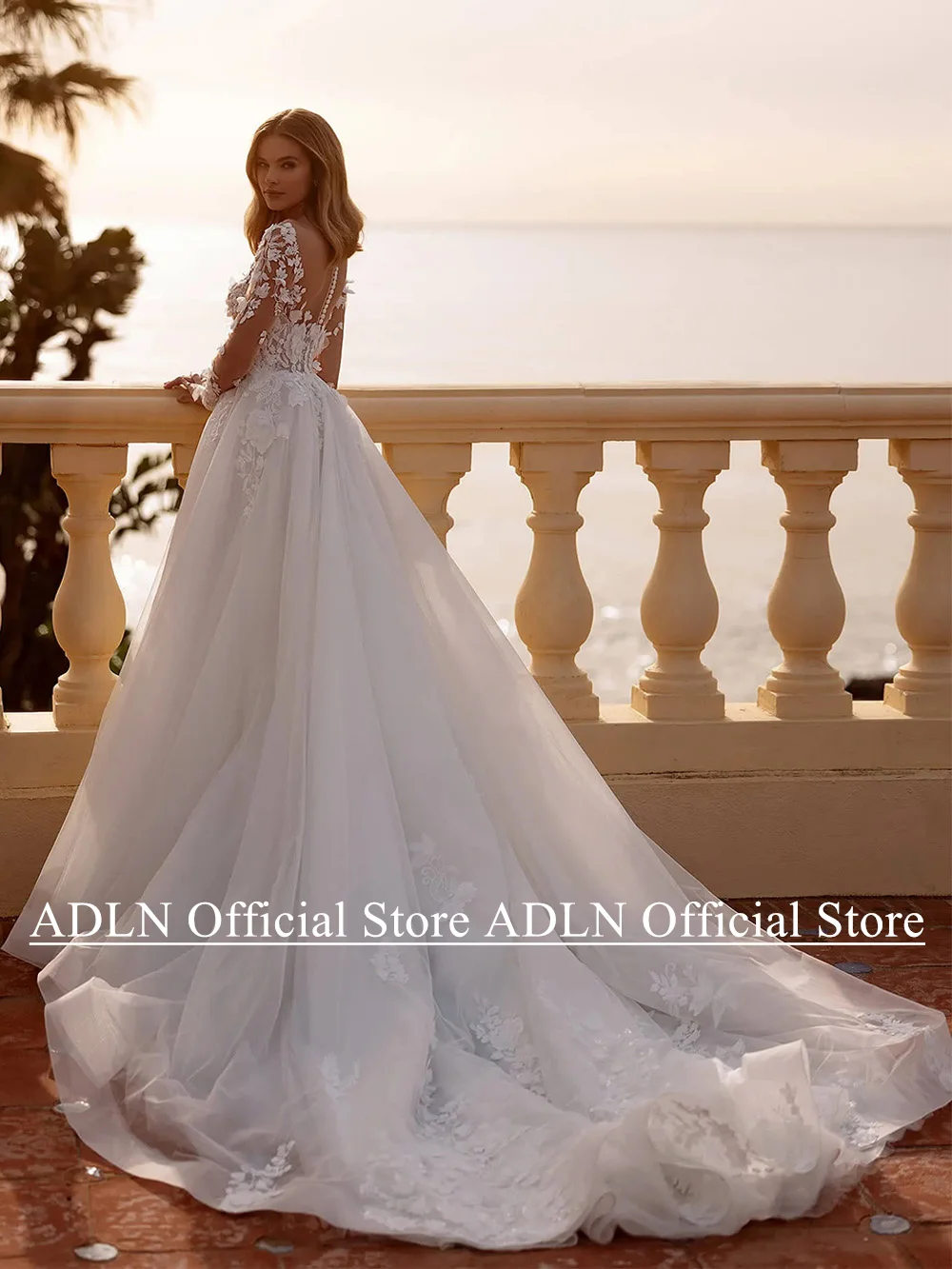 Woman Bride Wedding Dresses Customized Illusion Long Sleeves Flower Applique A Line Tulle Boho Bridal Gown Robe De Mariage 2