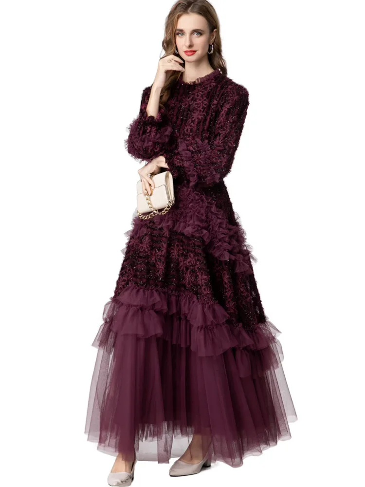 أزياء المرأة مساء اللباس الأرجواني ثلاثي الأبعاد ز...