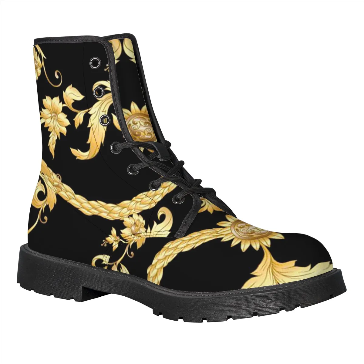 Women's Boots Black Golden Pattern PU Leather New Autumn Winter Fashion Women's Ankle Boots Retro Martin Boots