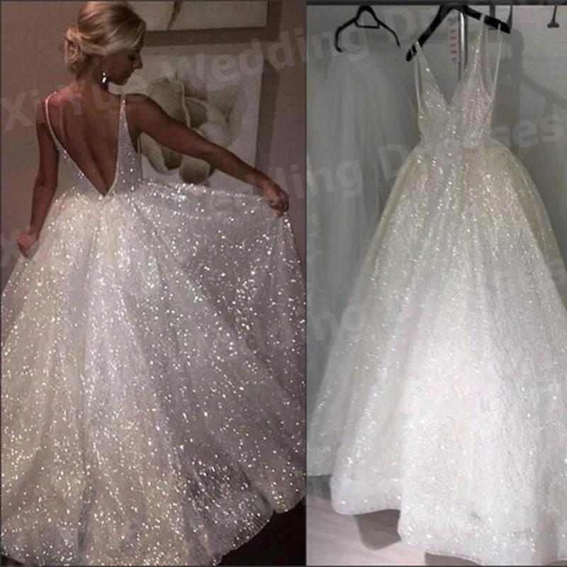 2025 Shiny A Line Women's Wedding Dresses Charming Spaghetti Straps Bride Gowns Backless Sleeveless Customized Vestido De Novia 2