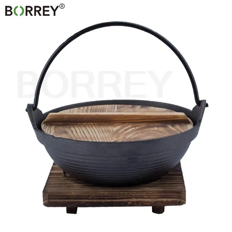 

BORREY Japanese Sukiyaki Stew Pot Cast Iron Saucepan Outdoor Camping Hanging Stove Pot Wood Cover Soup Pot Restaurant Hotel Pot