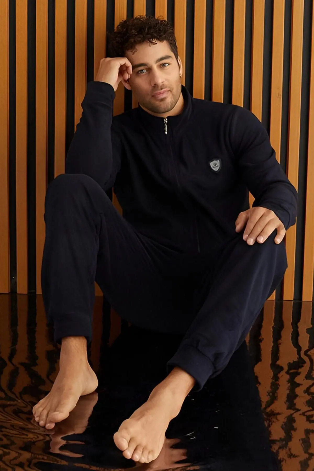 Gray Front Zipper Long Sleeve Fleece Men's Pajama Set