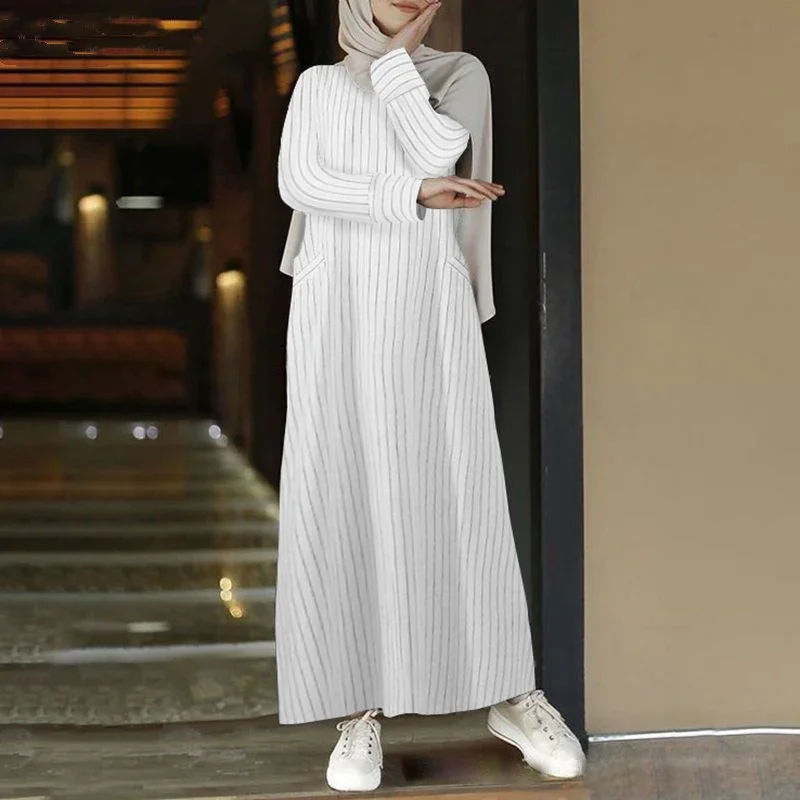 Female Muslim Long-sleeved Robe Cotton and Linen Striped Round Tie Pocket Long Skirt Casual Loose Street Women's Dress