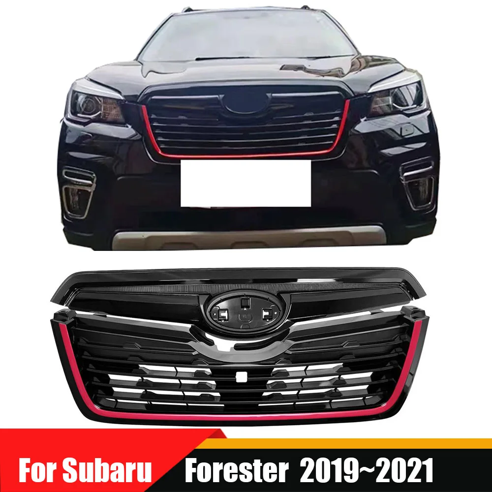 

Abs Oem Style Front Grill Mesh Kit GLoss Black W. Red Strip Upper Bumper Grille Racing Grills For Subaru Forester 2019~2021