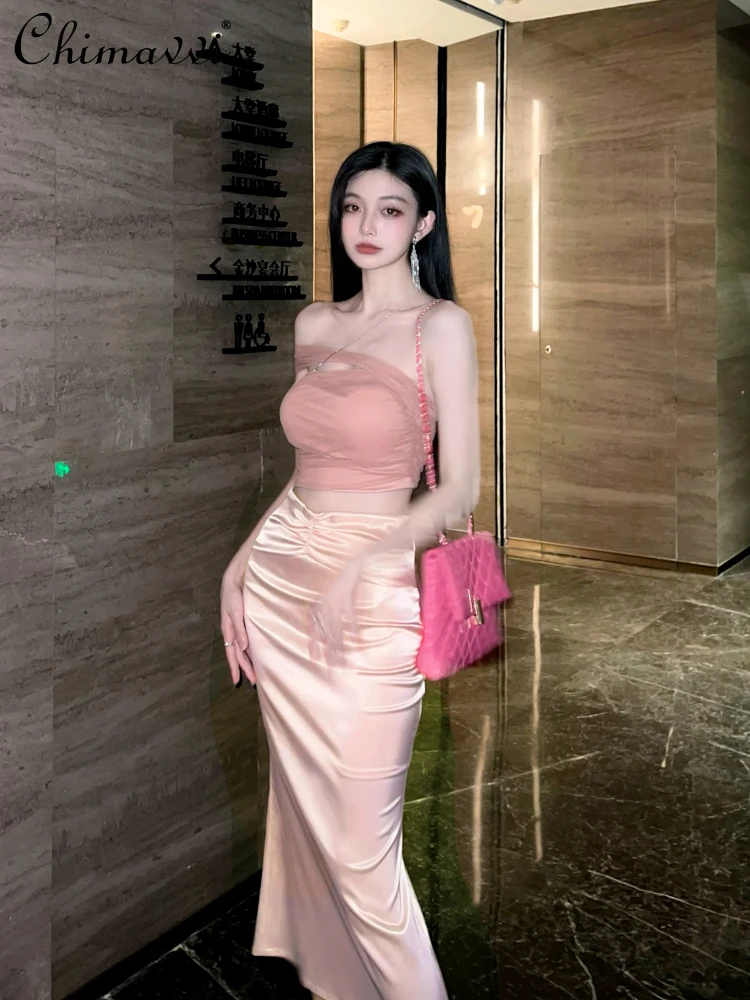 Fashion Solid Color Hot Girl Slimming Off-the-Shoulder Sleeveless Sexy Tops 2023 Summer Women Black High Waist Split Skirt