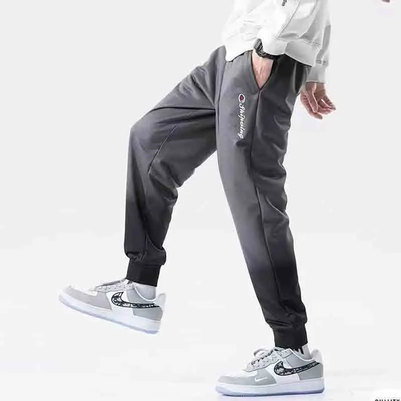 Korean Version Autumn Trend Versatile Sports Pants Men's Gradient Color Elastic Waist Drawstring Pocket Print Straight Trousers