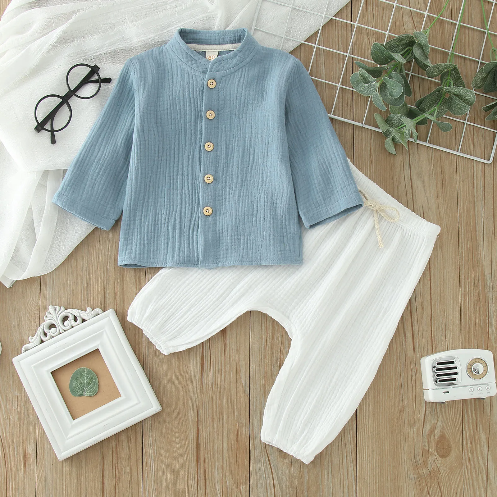 0-4Y Kids Boys Spring Fall Outfits Baby Solid Color Buttons Long Sleeve Shirts Tops + Elastic Waist Long Pants Boys Clothes Sets 1