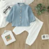 0-4Y Kids Boys Spring Fall Outfits Baby Solid Color Buttons Long Sleeve Shirts Tops + Elastic Waist Long Pants Boys Clothes Sets 1