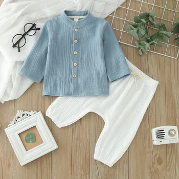 0-4Y Kids Boys Spring Fall Outfits Baby Solid Color Buttons Long Sleeve Shirts Tops + Elastic Waist Long Pants Boys Clothes Sets 1