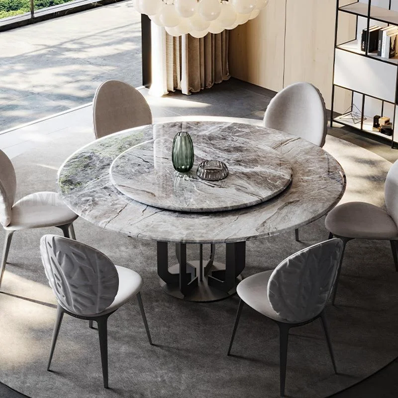 

Modern Kitchen Furniture Table Set Natural Texture Marble Desktop Black Carbon Steel Frame Round Dinning Tables With Turntable