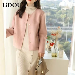 2023 Spring Autumn New Fashion Solid Color Round Neck Long Sleeve Cardigan Women Elegant Single Breasted Pockets All-match Coat