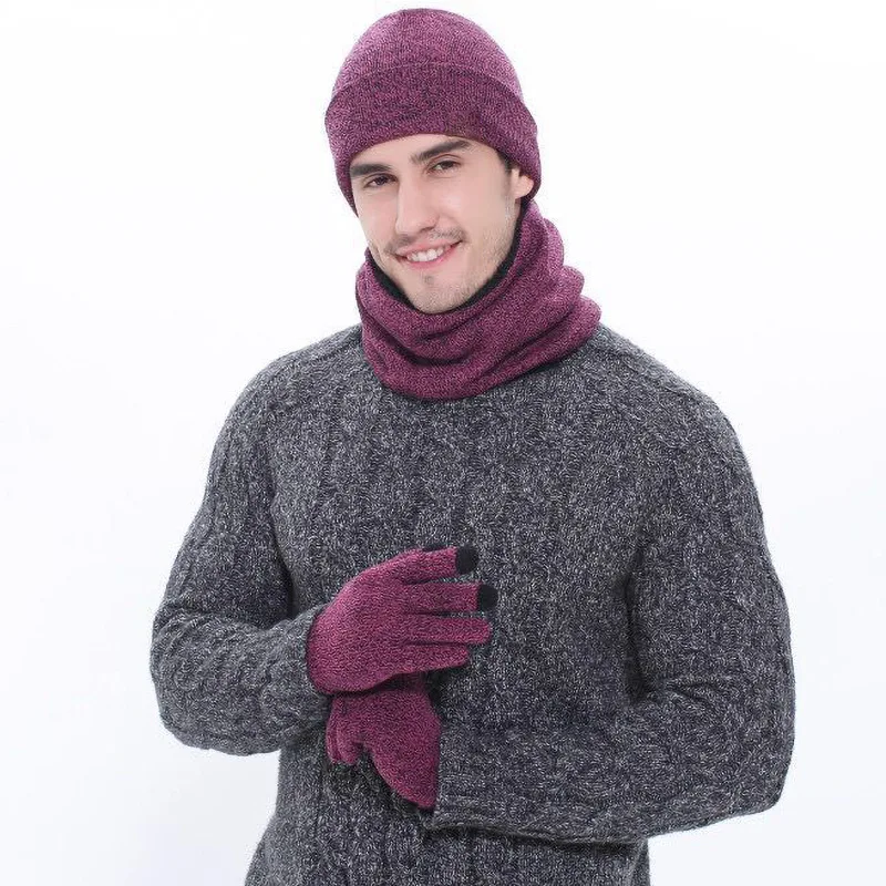 Men's Autumn Winter Keep Warm Set Unisex Beanie Gloves Scarf Male Woolen Yarn Knit Muffler Solid Color Hat Drop Ship