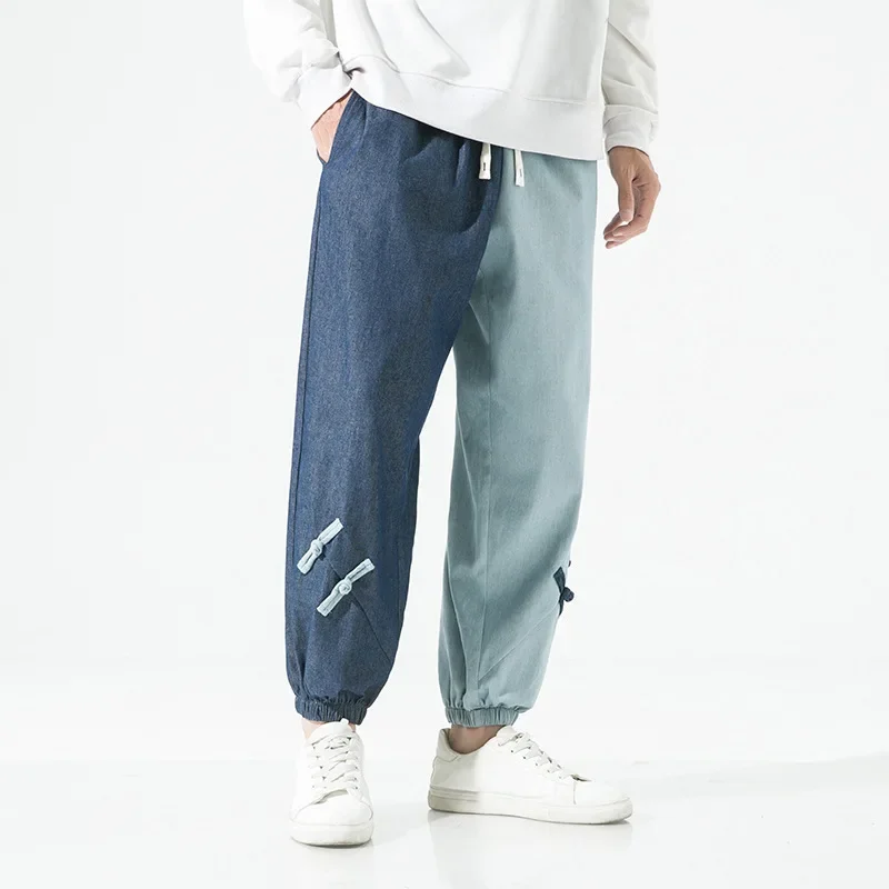 Trendy Color Block Men's Jeans Loose Cuffed Sports Pants Large Size Harlan Long Trousers Retro Chinese Style Buttoned Denim