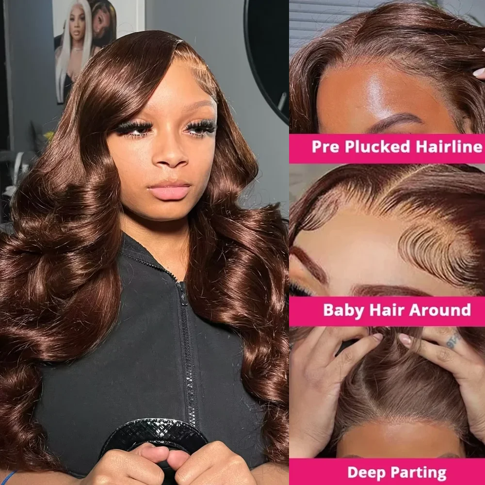 13x6 Chocolate Brown Body Wave Lace Frontal Wig 30 36 Inch Lace Frontal Wig Body Human Hair Pre Plucked Colored Human Hair Wig 4