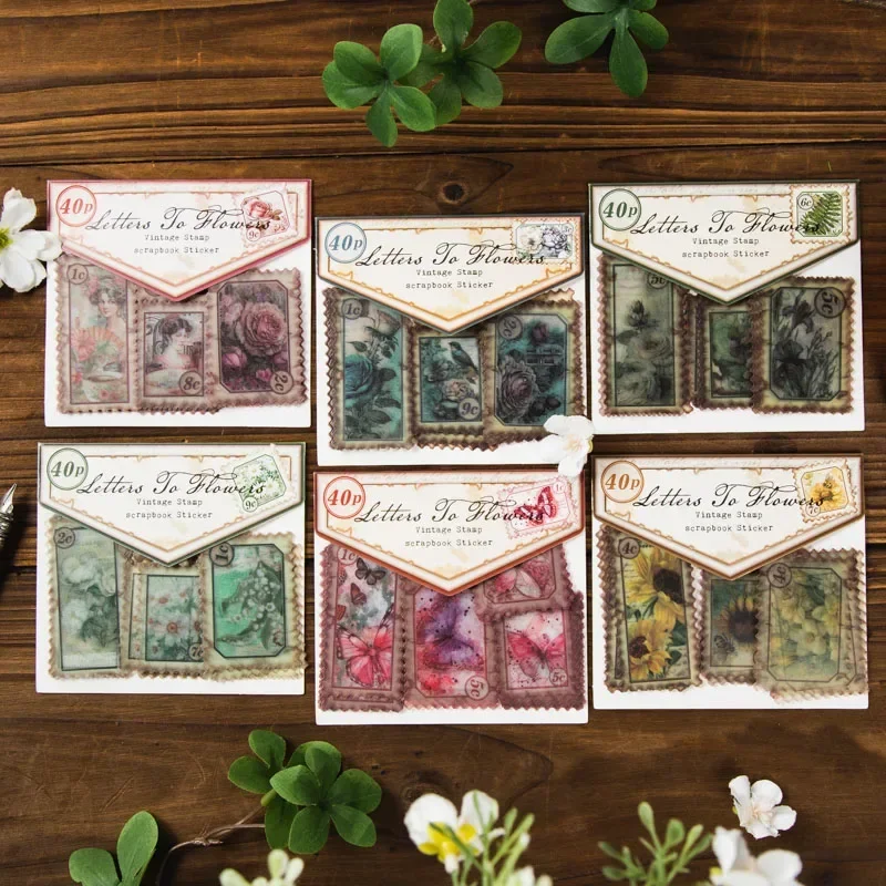 

40Sheets Stickers Vintage Stamps DIY Unique Pattern Booklet Style Gift Decoration Rich Notebook Decoration Scrapbook 111*115MM