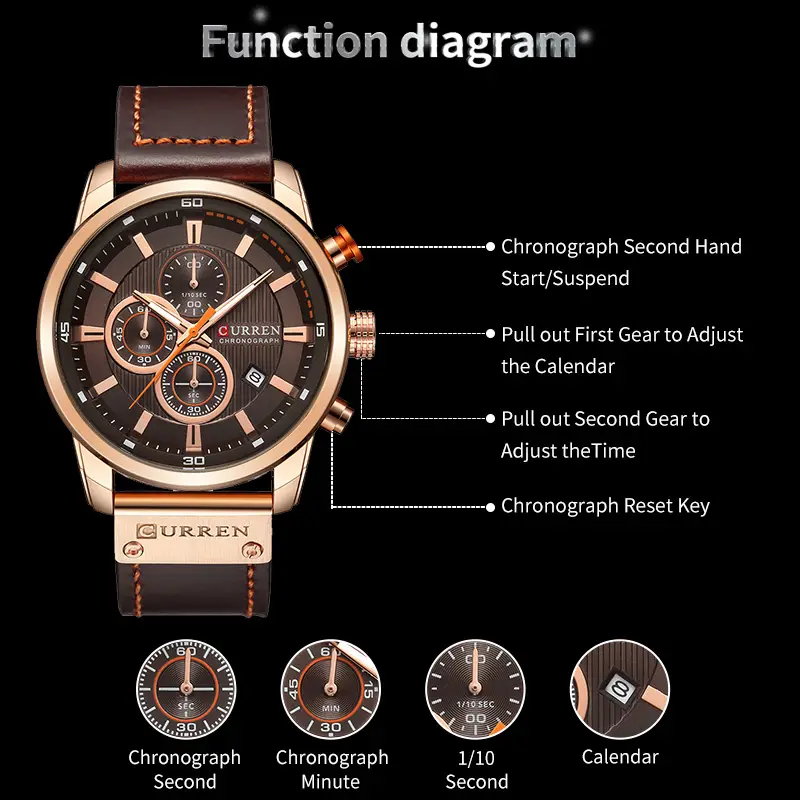 CURREN 8291 Mens Quartz Chronograph Watch Casual Leather Military Sport Fashion Gentleman Wristwatch - Image 6