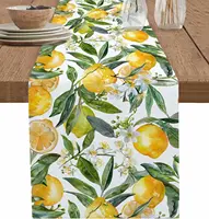 Spring Lemon Leaves Linen Table Runner Dresser Scarf Decor Summer Yellow Green Botanical Flower Table Runners Dining Table Decor 1