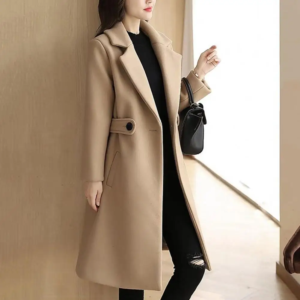 Polyester Women Jacket Stylish Mid-length Women's Overcoat with Belted Button Closure Turn-down Collar for Fall Winter Fashion