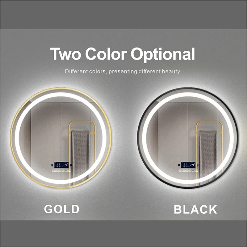 Gold Border Round LED Smart Bathroom Mirror With Bluetooth Body Induction Defogging 3 Color Light Multifunctional Makeup mirrors