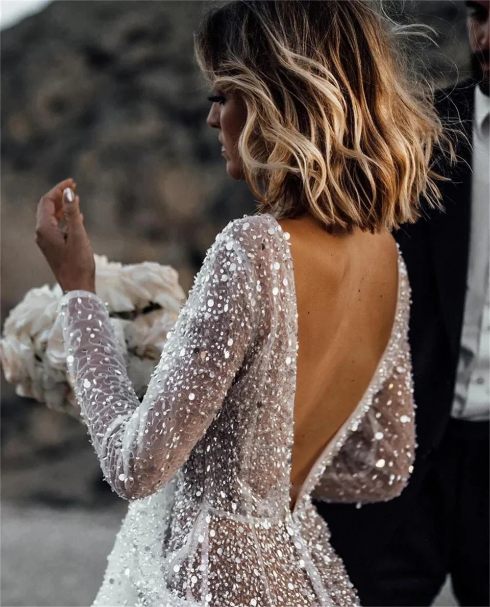 Maßgeschneiderte, bezaubernde Brautkleider mit Tüllapplikationen, kurzen Ärmeln, rückenfrei, A-Linie, 2026, mit Schleppe, Brautkleider, Vestidos De Novia – Detail 7