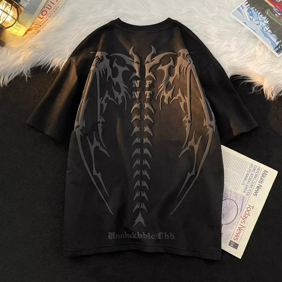 Y2k Top Retro Skull Wings Print Suede 2023 New Short Sleeved T 