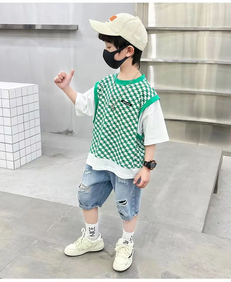 

Boy Kids Children's summer False Pair clothes plaid tops denim shorts children's clothes cotton baby blue jeans short sets of te
