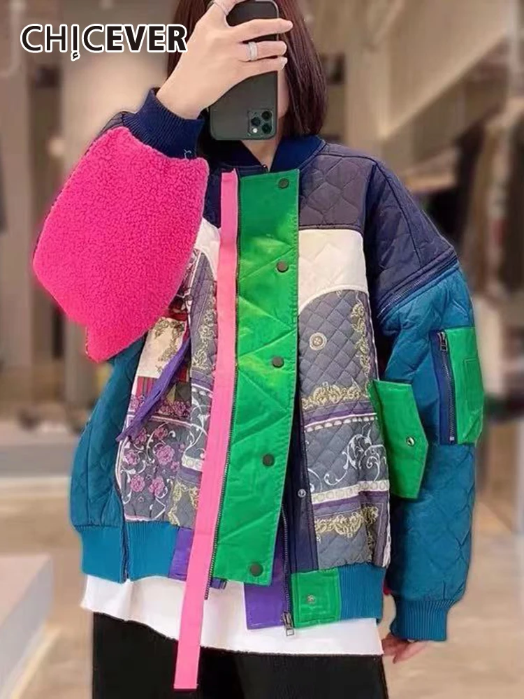 

CHICEVER Korean Colorblock Parkas For Women Round Neck Long Sleeve Single Breasted Irregular Loose Coats Female Clothing Winter