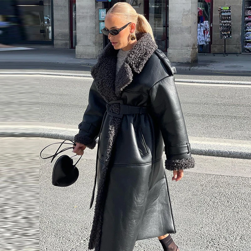 Fashion Lamb Wool PU Leather Long Jacket Women With Belt Patchwork Lapel Pocket Oversize Overcoat Winter Warm Thick Outwear