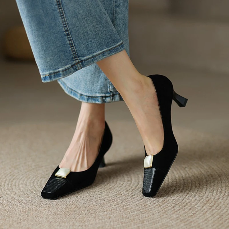 de tacón grueso punta cuadrada para mujer, calzado elegante de ante de oveja para oficina, novedad de primavera y otoño, 2022|Zapatos de tacón de mujer| - AliExpress