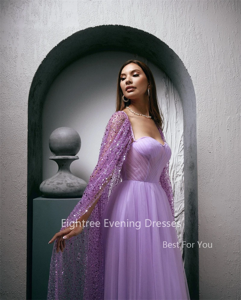 Achitree Luxus Lavendel eine Linie Abend party Kleider Glitzer Pailletten Cape Schal Dubai arabische Frauen Ballkleider Kleid Vestidos