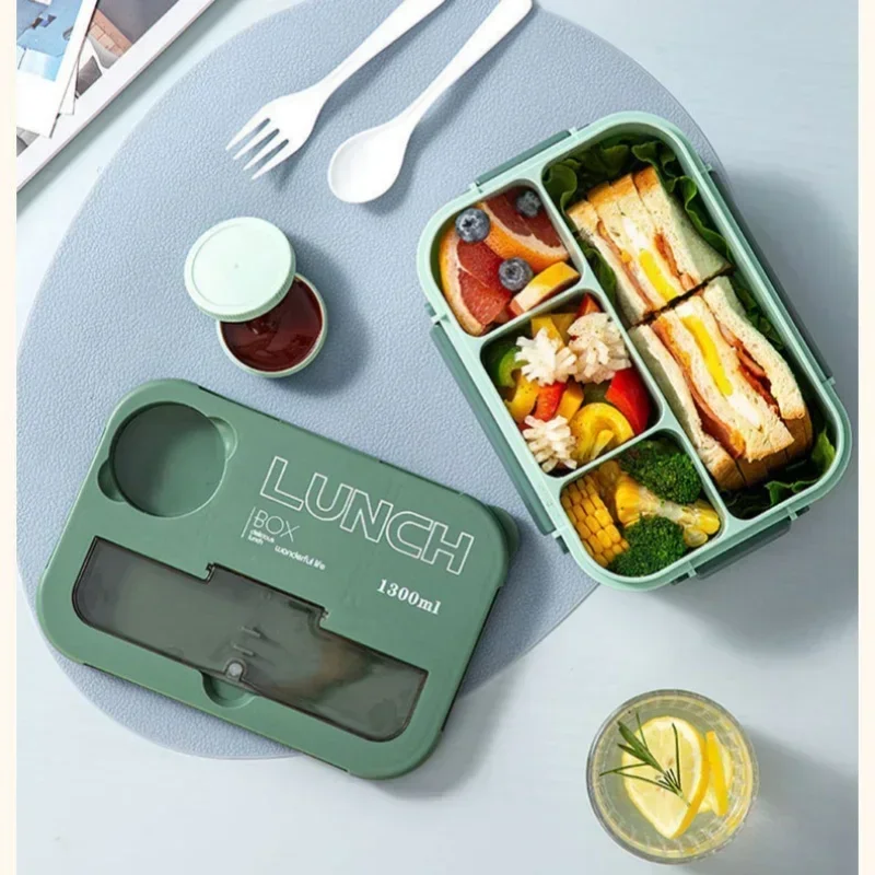 1300ML Portable Lunch Box with Sauce Box Fork and Spoon Microwave Food Compartment Storage Container Kids Student Bento Box