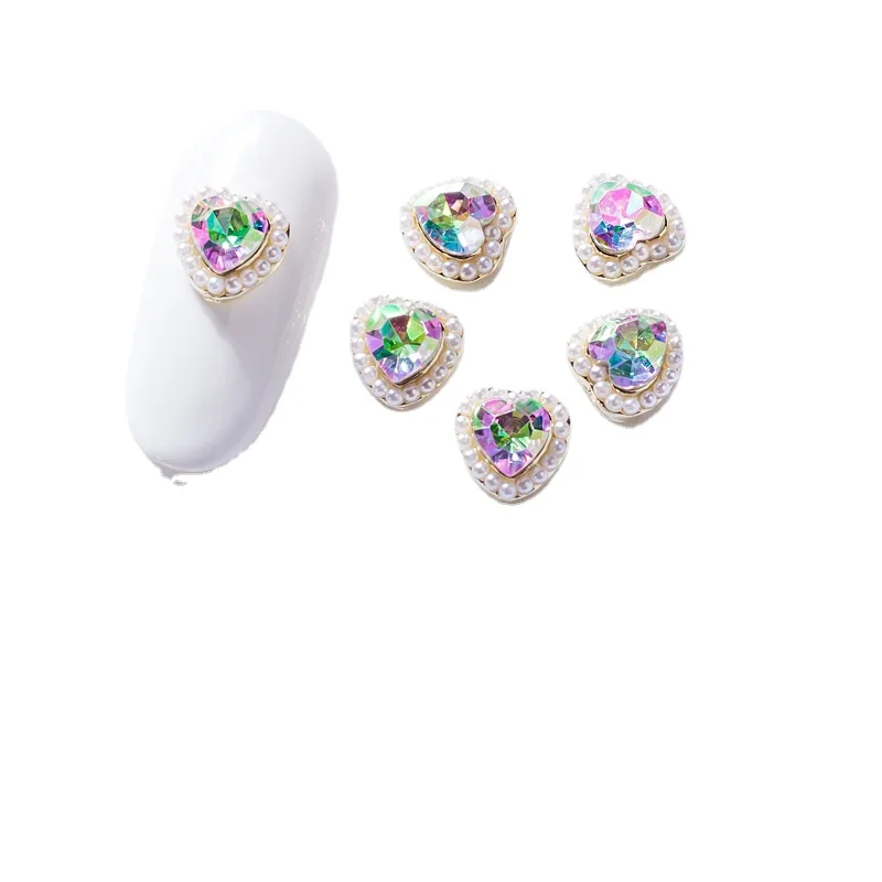10Pcs 네일 진주 디자인 매력 보석 7.5x8mm 하트 네일 디자인 라인 석 매니큐어 용품 네일 아트 장식