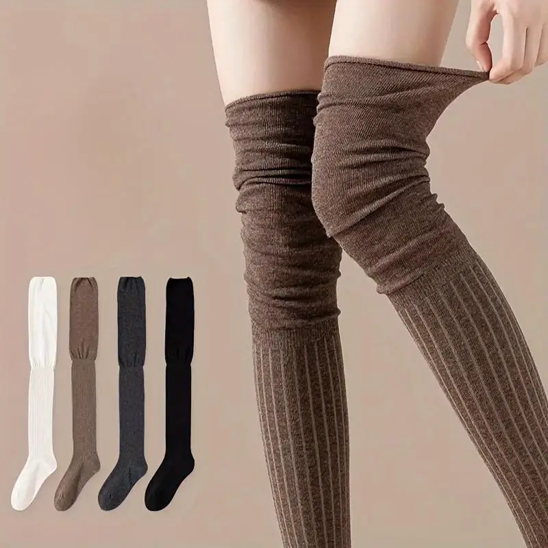 Winter Stacking Knee High Socks Women Warm Long Tube Socks JK Thigh Leg Warmer Long Boots Spliced Knee Protection Sockings