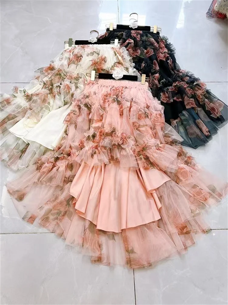 French Style Holiday Ruffle Irregular Midi Long Party Skirt Ball Gown Multi Layer Mesh Fashion Gauze Tutu Elegant Vintage Skirts