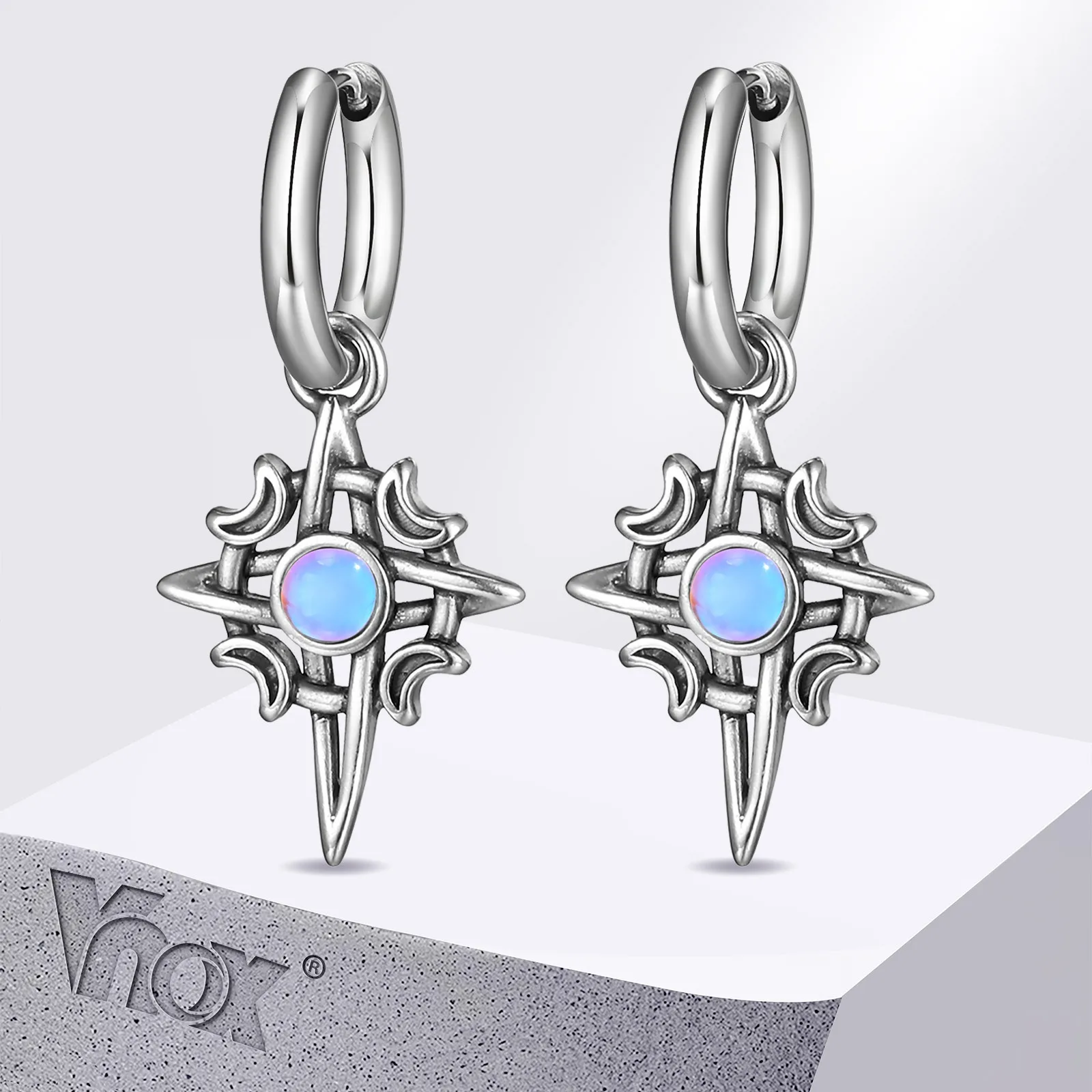 Vnox Vintage Stern Mond Stein Ohrringe für Männer Frauen, hypoallergene Edelstahl Creolen Geschenk