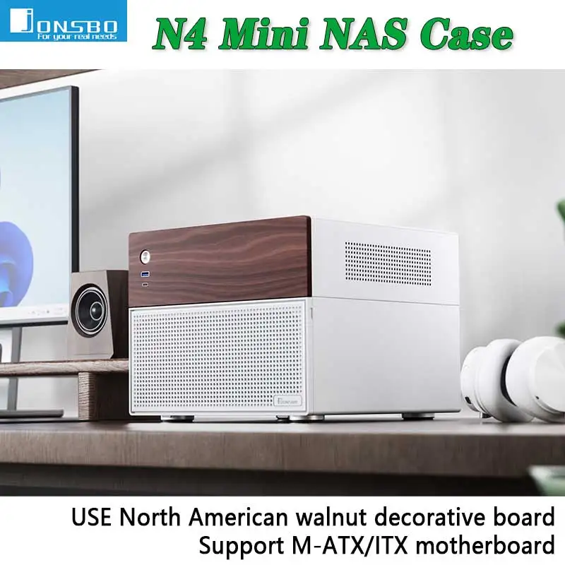 JONSBO N4 Mini NAS Case M-ATX motherboard walnut wood trim division structure 6 large and 2 small hard drive bays 120mm*1 fan