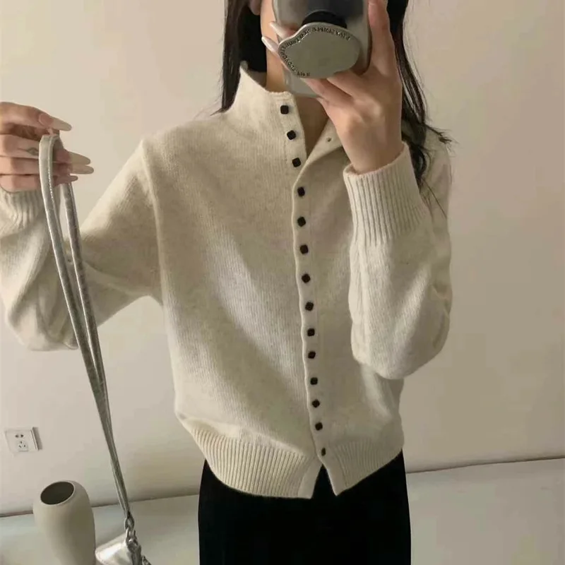 Women Stand Collar Button Down Knit