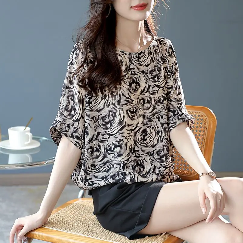 Women's Round Neck Short Sleeve Printing Pullovers, Chiffon All-Match Clothing, Korean Top, Spring, Summer, 2024